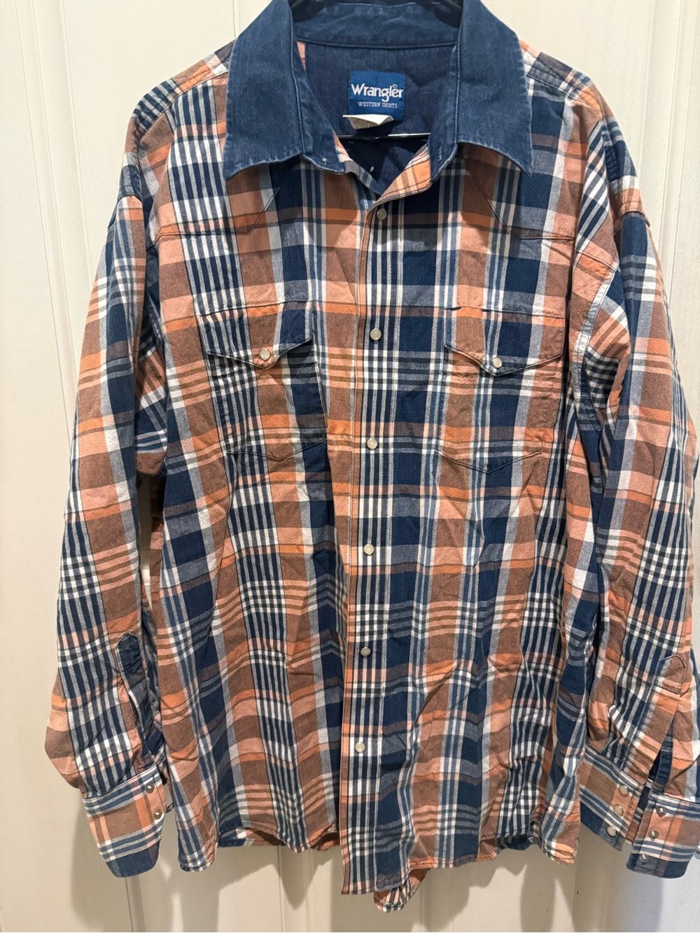 Vintage 1990s Denim Collar Plaid Flannel Button Up Wrangler Shirt